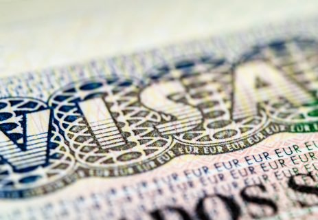 Internationa visa in passport close up view. Schengen visa in passport.